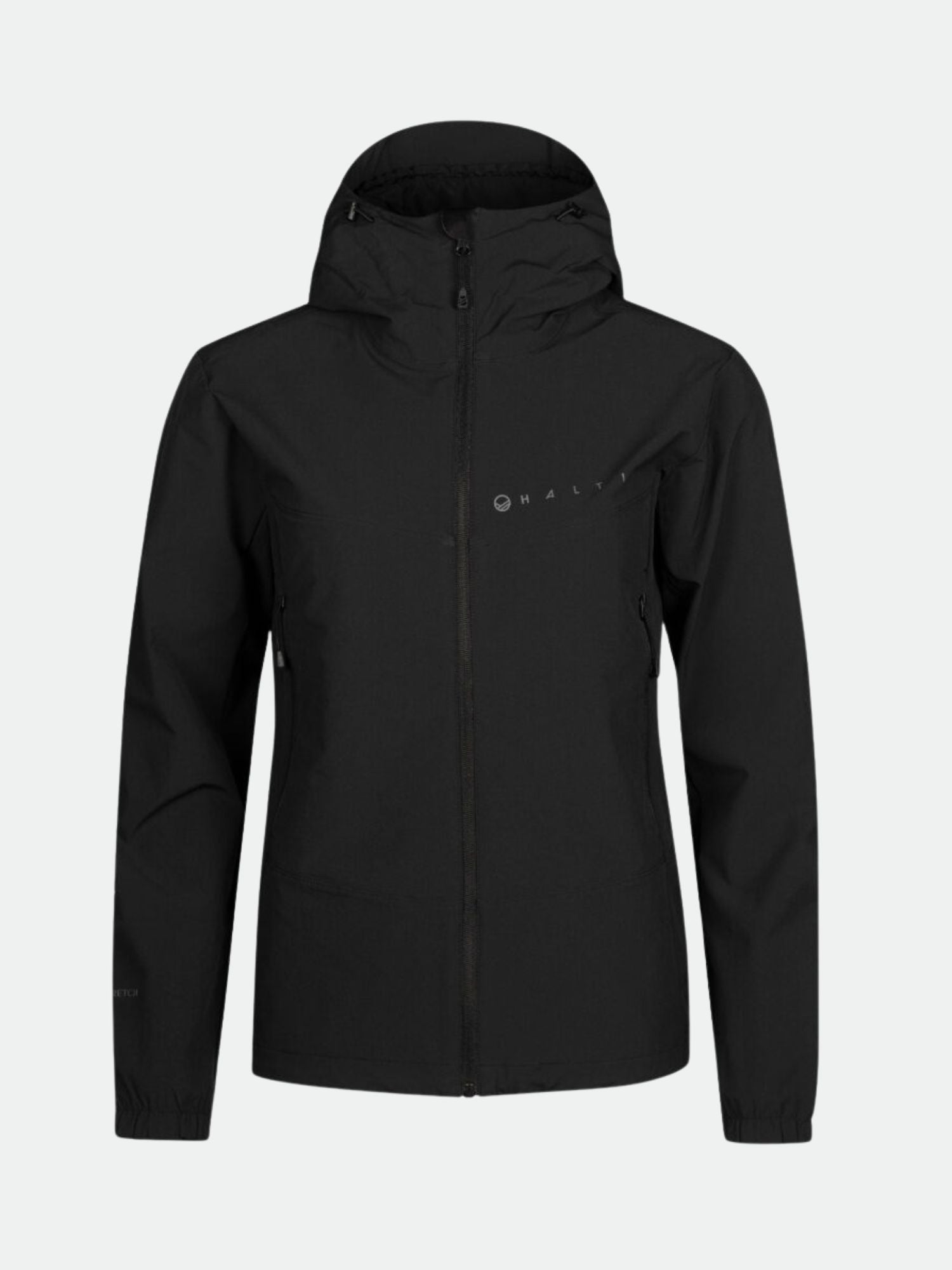 Die Halti Pallas Evo X-stretch-Jacke Damen ist eine schwarze Stretchjacke mit Frontreißverschluss, zwei Reißverschlusstaschen und Brustlogo.