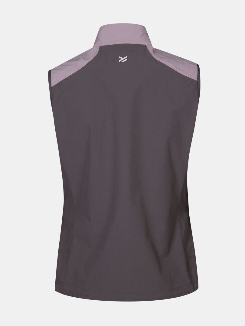 Rückenansicht der Halti Pallas Evo X-stretch Damen Weste in dunkelgrau mit hellgrauen Schultern und einem kleinen weißen Logo.