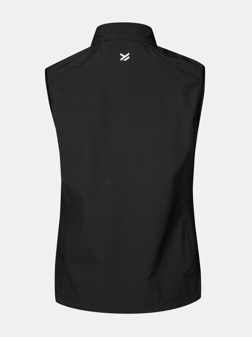 Die schwarze Halti Pallas Evo X-stretch Weste Damen, von hinten gesehen, hat ein kleines weißes Logo und atmungsaktives Material.