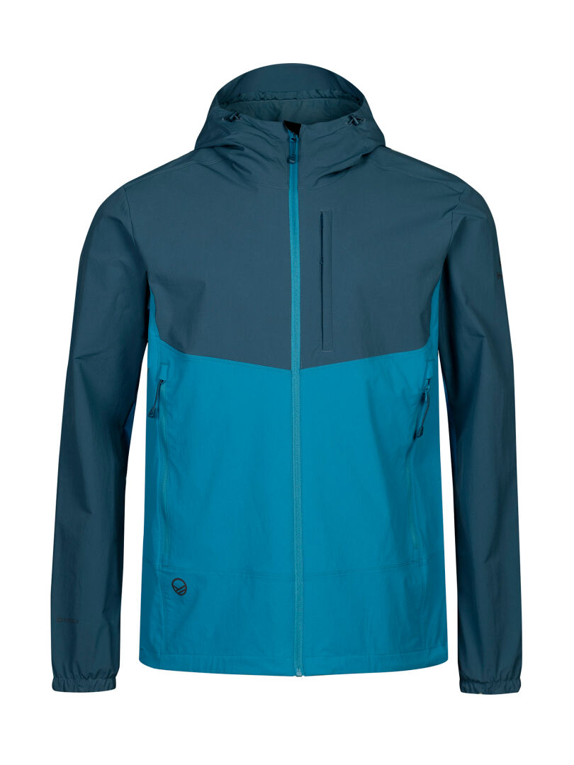 Halti Pallas Evo X-stretch Herrenjacke in zweifarbigem Blau, atmungsaktiv mit Reißverschluss und Brust-/Seitentaschen.