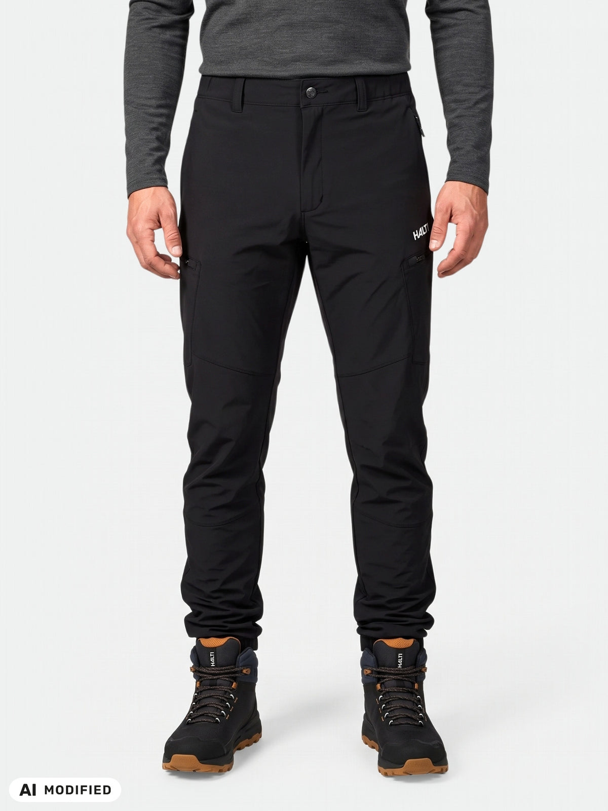 Eine Person, die eine „Halti Pallas Evo X-Stretch“-Hose für Herren, ein dunkles Langarmhemd und Wanderstiefel trägt, vor einem einfarbigen Hintergrund.
