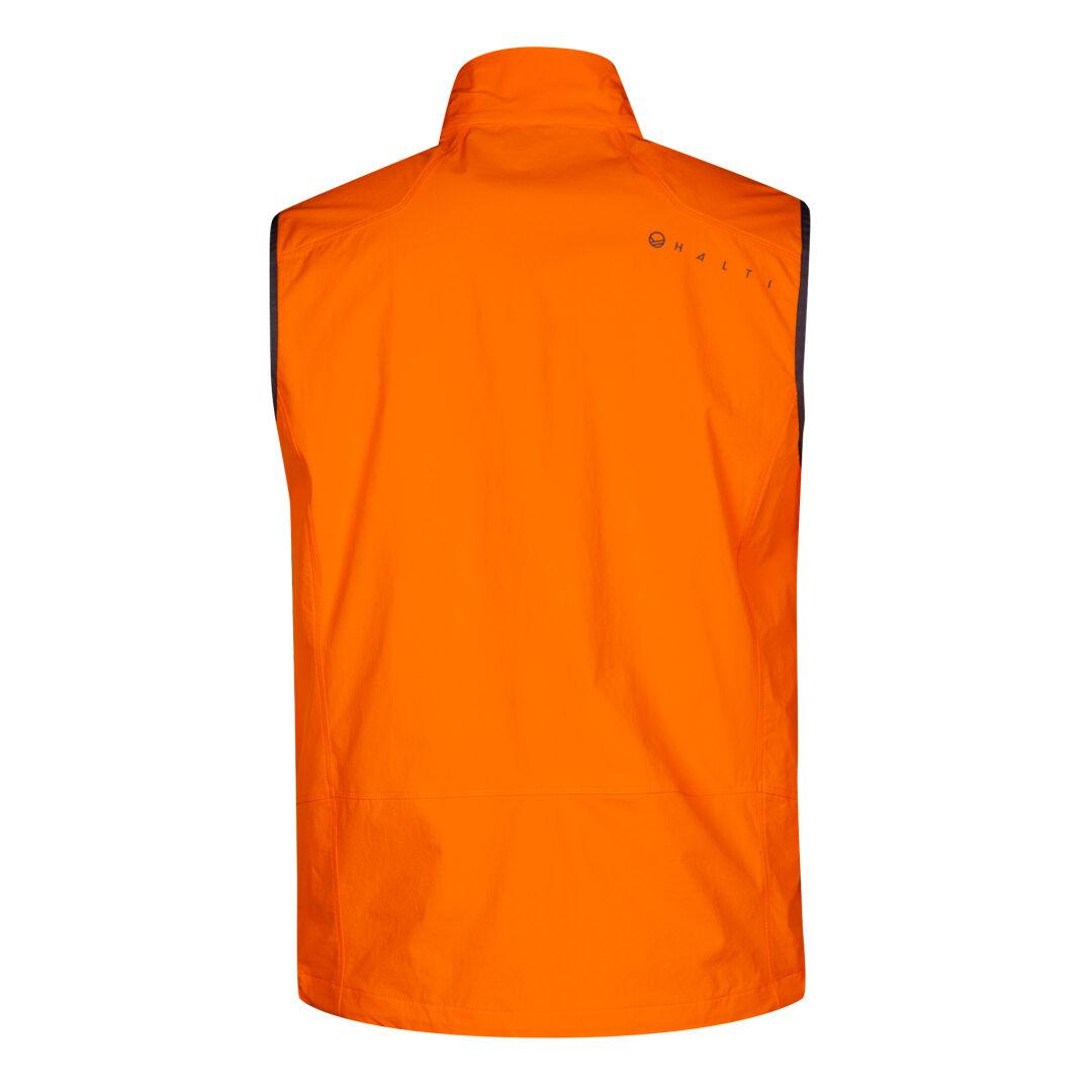 Rückansicht der Halti Pallas Evo X-Stretch Weste Herren in leuchtendem Orange, ärmellos mit kleinem schwarzen Text in Schulternähe.