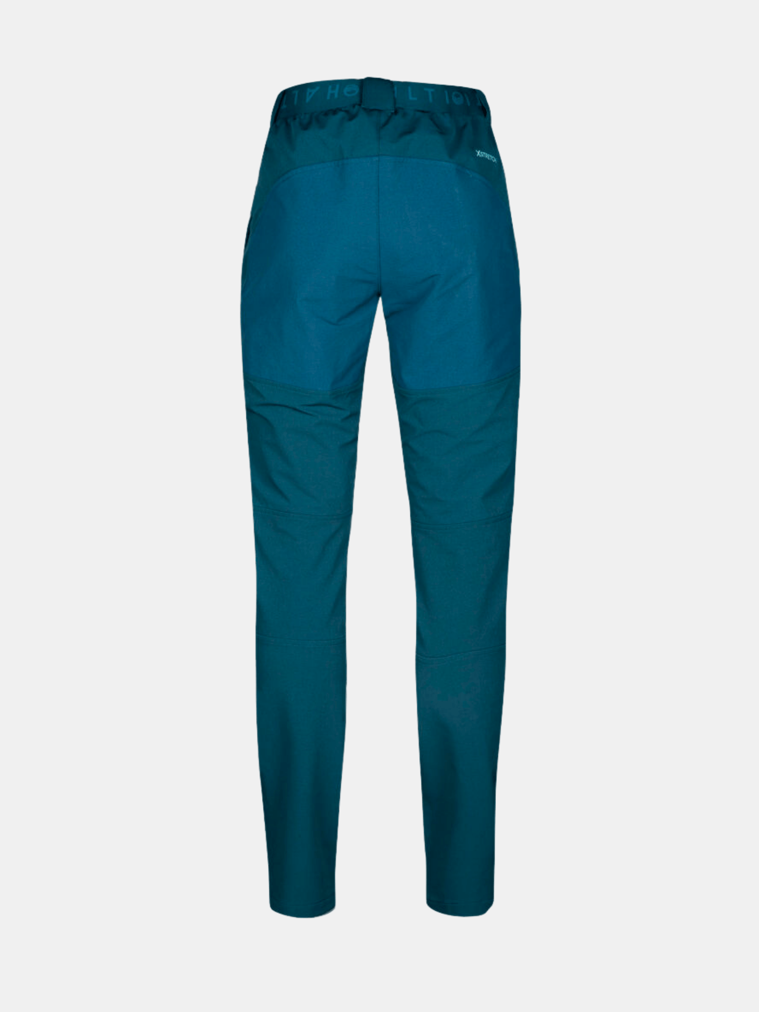 Rückansicht der blaugrünen und dunkelblauen Halti Pallas III Plus Warm X-Stretch Outdoorhose für Damen mit dezentem Taillenbranding.