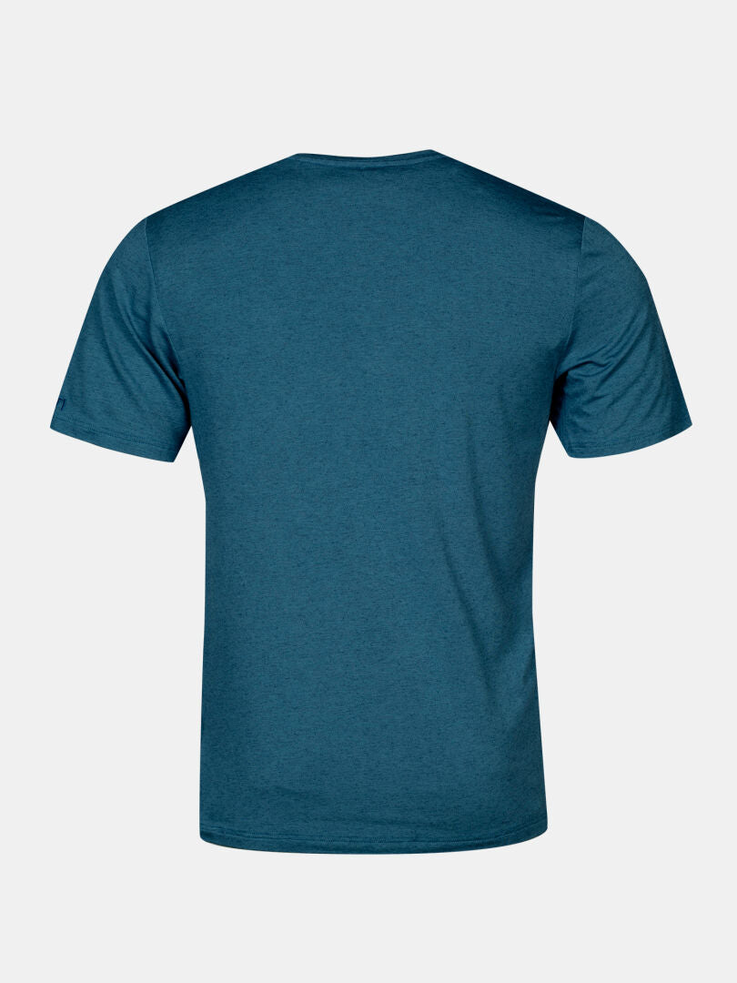 Das Halti Tuntu II Merinoshirt Herren in einfarbigem Blau ist von hinten vor weißem Hintergrund abgebildet.