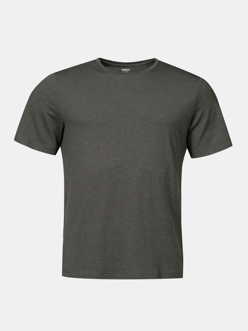 Das Halti Tuntu II Merinoshirt Herren, ein dunkelgraues Kurzarm-T-Shirt, abgebildet auf weißem Hintergrund.