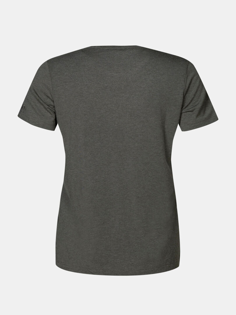 Rückenansicht von Halti Tuntu II Merinoshirt Damen, kurzärmelig, dunkelgrau, auf weißem Hintergrund.