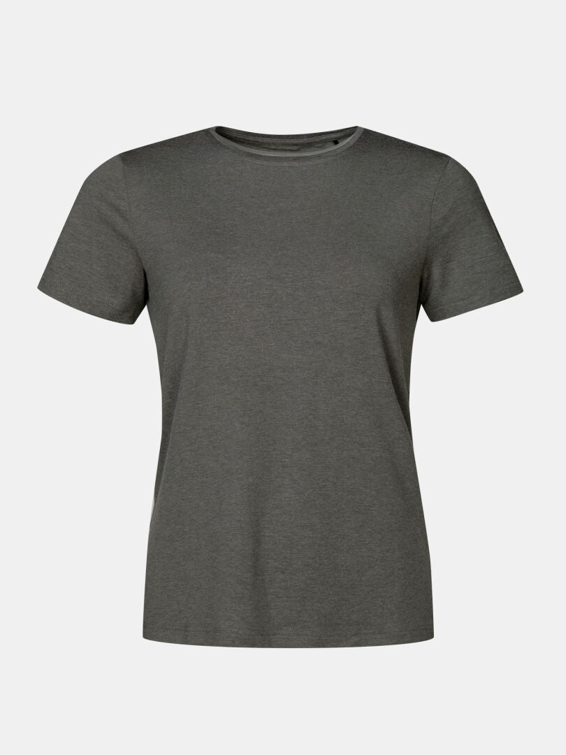 Das Halti Tuntu II Merinoshirt Damen ist ein dunkelgraues, kurzärmeliges T-Shirt, ideal für Outdoor-Aktivitäten.