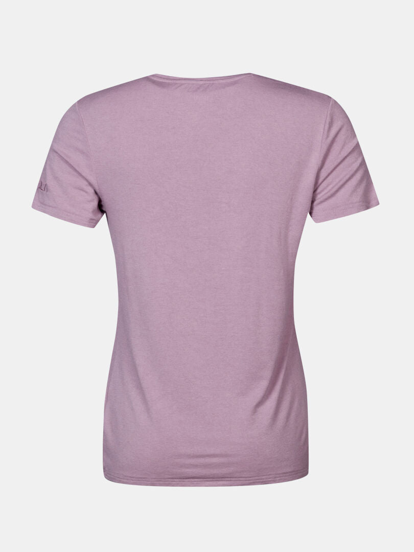 Rückenansicht des Halti Tuntu II Merinoshirt Damen in hellem Lila, perfekt für Outdoor-Aktivitäten.