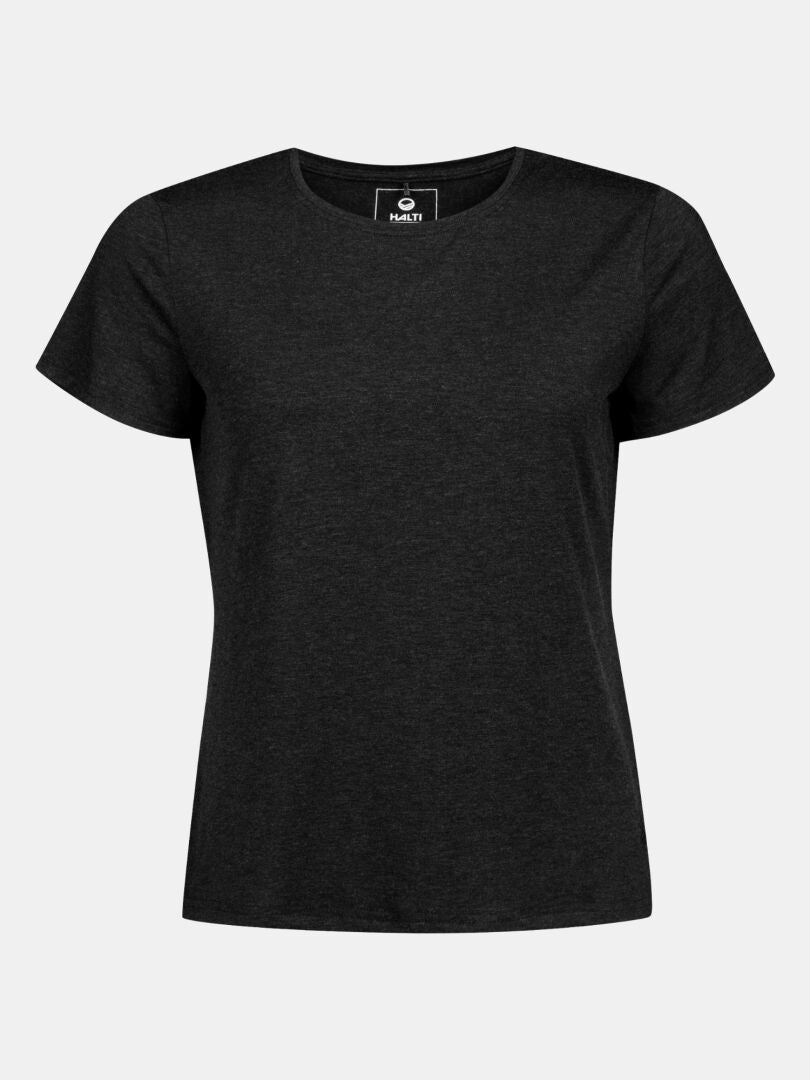 Das Halti Tuntu II Merinoshirt Damen ist ein schwarzes, kurzärmliges T-Shirt mit Rundhalsausschnitt aus weicher Merinowolle und Lyocell.