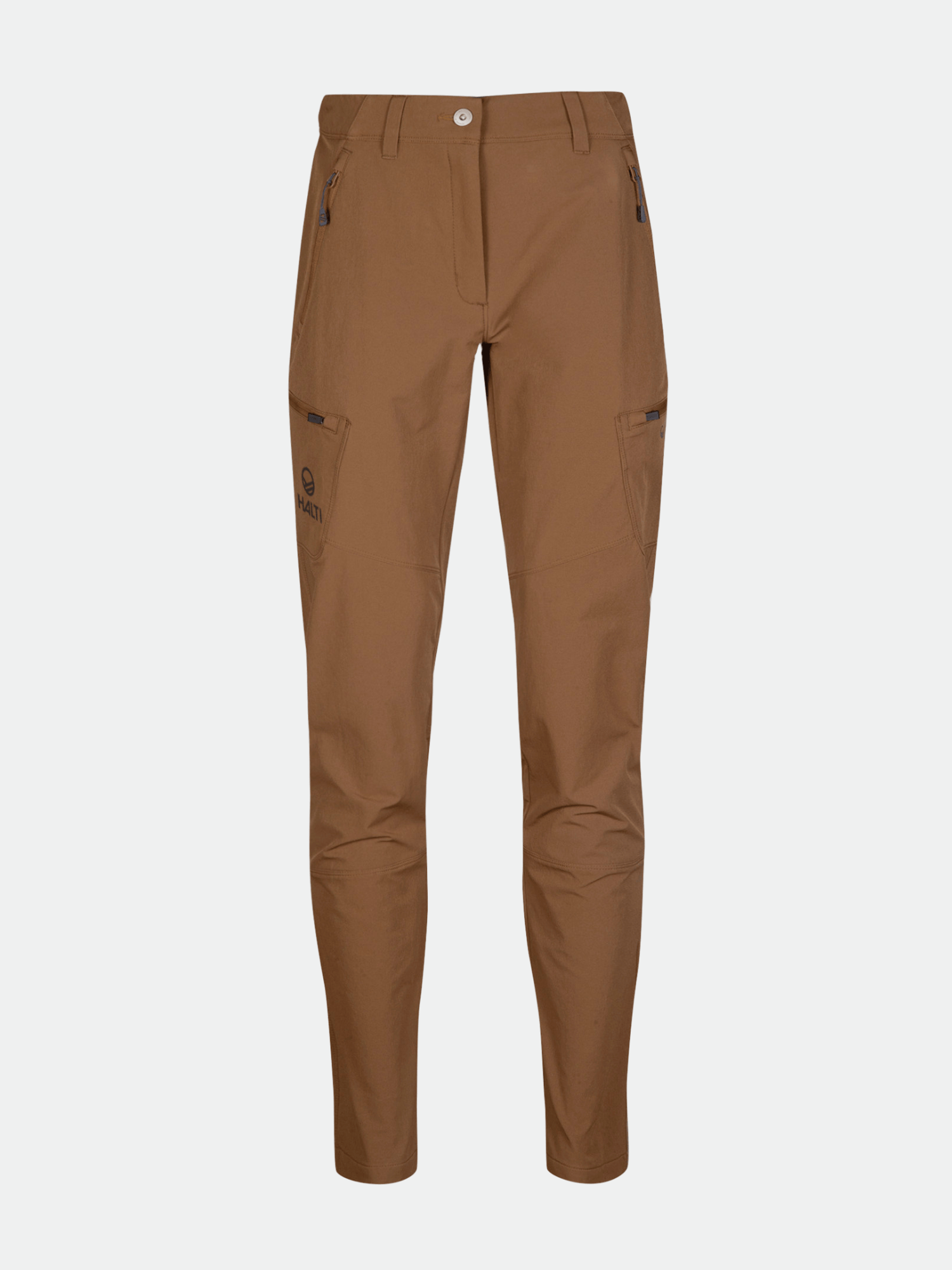 Halti Pallas Evo Brushed X-stretch Hosen Damen in braun slim-fit mit Reißverschlusstaschen am Oberschenkel auf weißem Grund.