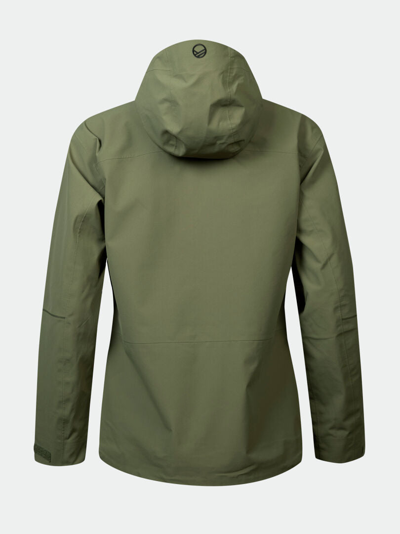 Rückansicht der Halti Kajana 3L DX Regenjacke Damen, olivgrün, wasserdicht, mit langen Ärmeln und Logo auf der Kapuze.