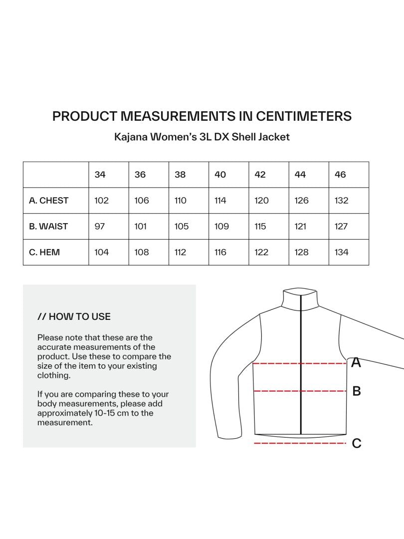 Größentabelle für Halti Kajana 3L DX Regenjacke Damen mit Brust-, Taillen- und Saummaßen in cm; enthält ein Jackendiagramm.