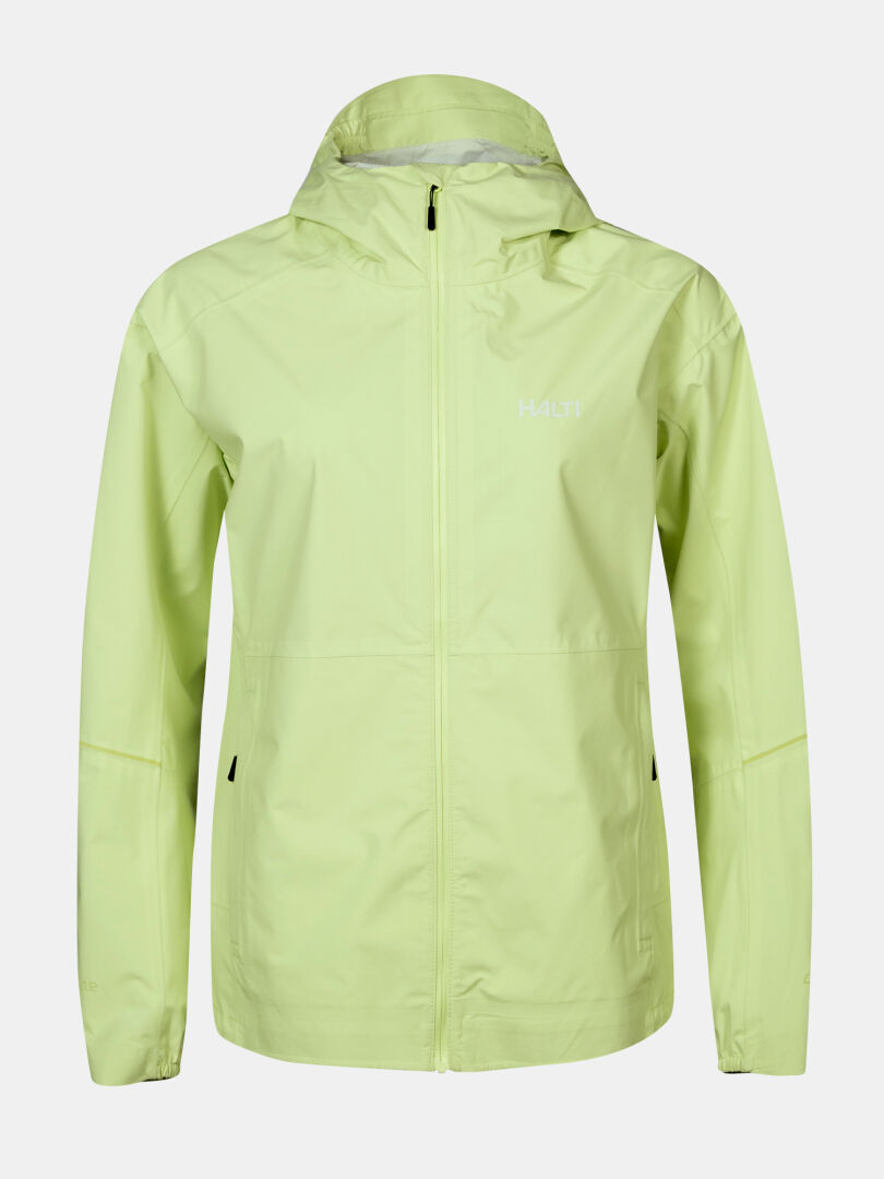 Die Halti Pisarat 2,5L DX Damen Regenjacke in hellgelb mit Frontreißverschluss und zwei Taschen auf weißem Grund.