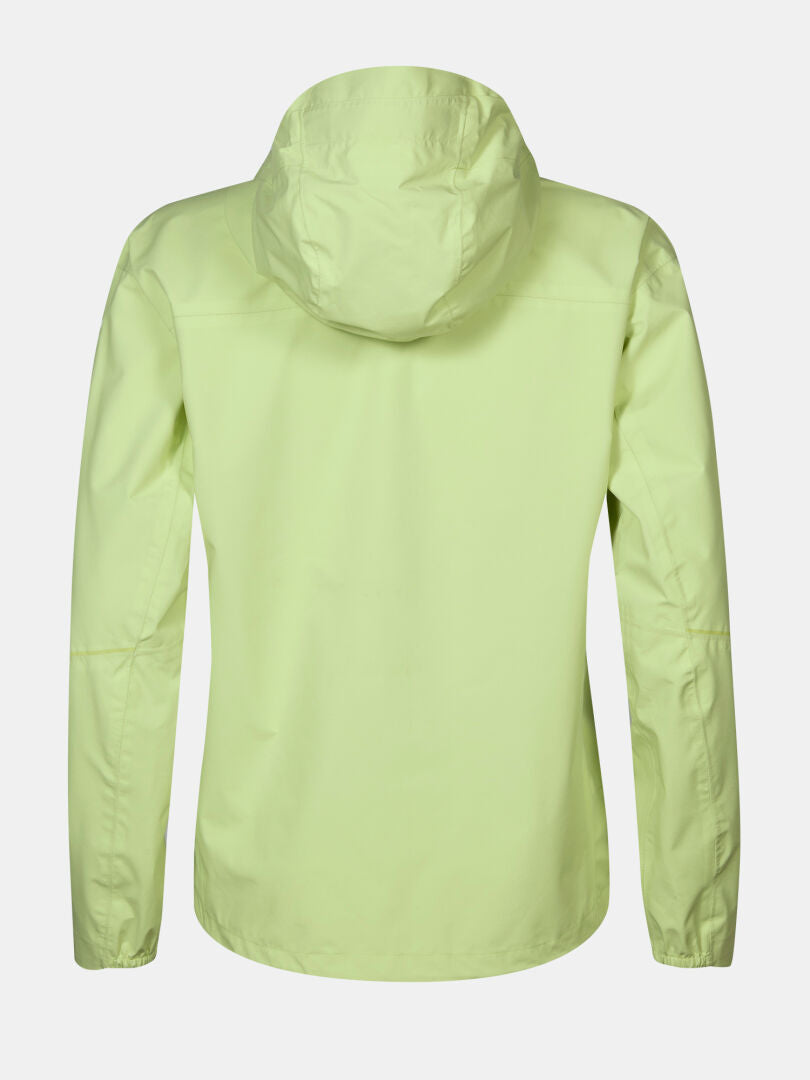 Die Halti Pisarat 2,5L DX Damen Regenjacke in hellgrün mit Kapuze, dargestellt von hinten auf weißem Hintergrund.