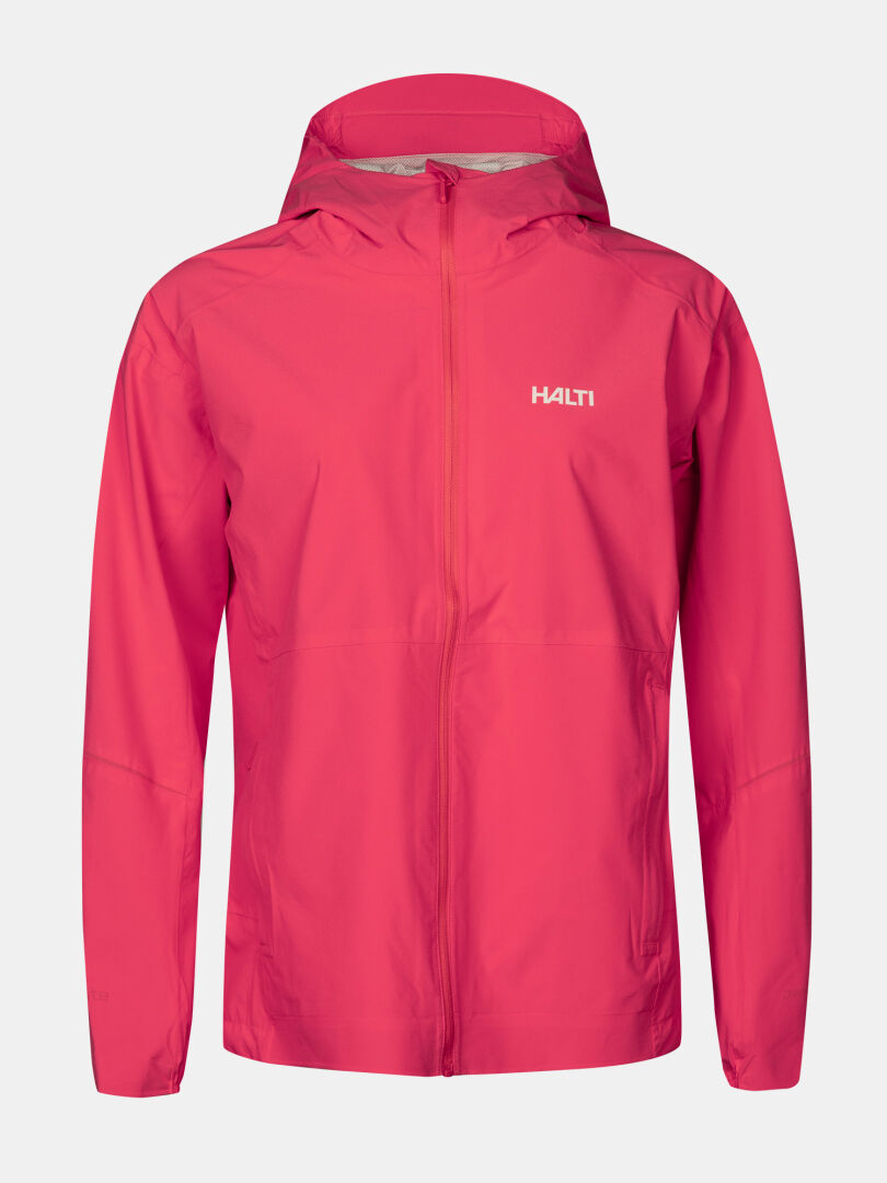 Die Halti Pisarat 2,5L DX Damen Regenjacke in leuchtendem Pink hat einen Frontreißverschluss und ein Brustlogo auf einfarbigem Hintergrund.