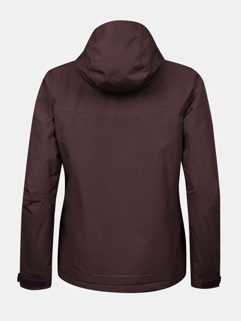 Die Halti Forter DX Warm Regenjacke Damen in dunkelbraun mit Kapuze, abgebildet von hinten auf weißem Hintergrund.