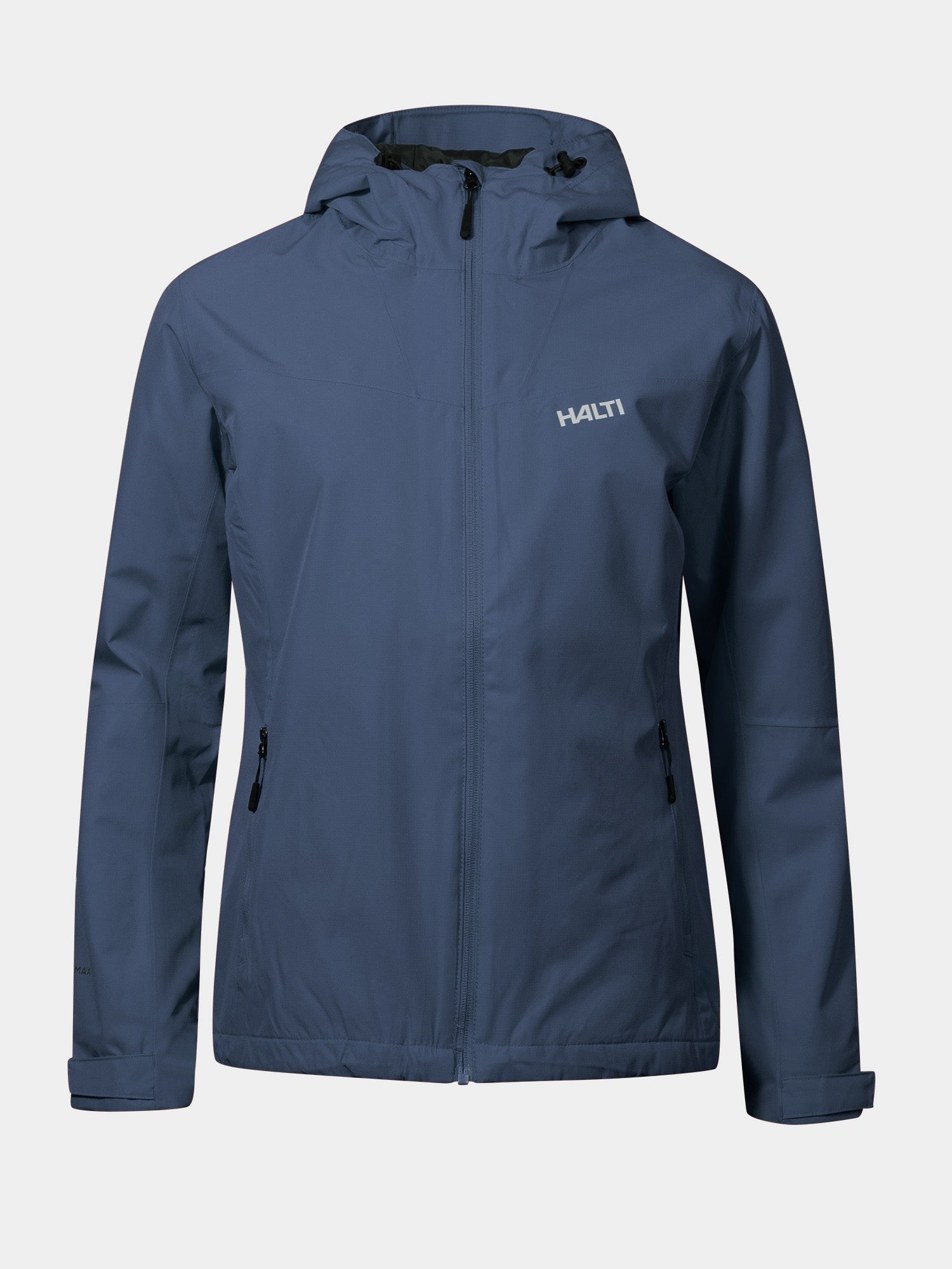 Die Halti Forter DX Warm Regenjacke Damen ist blau, mit Kapuze, mit Logo auf der Brust und zwei Reißverschlusstaschen vorne.