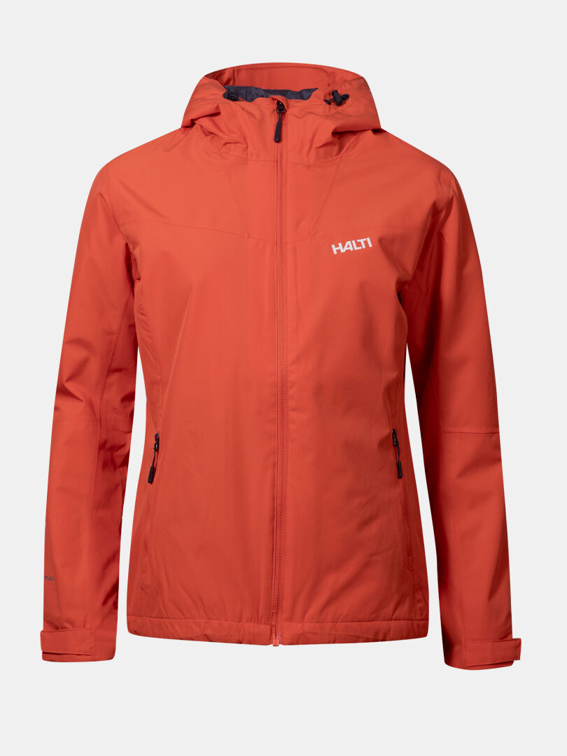 Die Halti Forter DX Warm Regenjacke Damen in orange verfügt über Reißverschlusstaschen, DrymaxX Membran und Brustlogo.