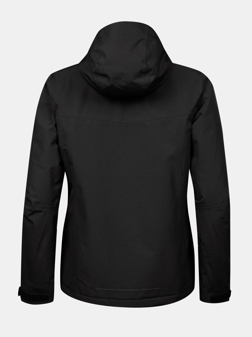 Die Halti Forter DX Warm Regenjacke Damen in schwarz mit DrymaxX Membran, abgebildet von hinten auf grauem Grund.