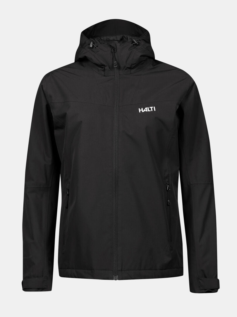 Die Halti Forter DX Warm Regenjacke Damen in schwarz verfügt über Reißverschlusstaschen und DrymaxX Membran, hier auf weiß.