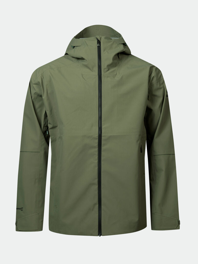 Die Halti Kajana 3L DX Regenjacke Herren in Olivgrün bietet wasserdichten Schutz mit Kapuze und Frontreißverschluss.