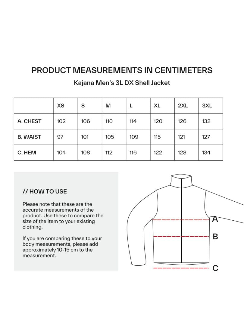 Größentabelle für Halti Kajana 3L DX Regenjacke Herren, Brust, Taille & Saum (cm), Größen XS-3XL für Outdoor-Enthusiasten.