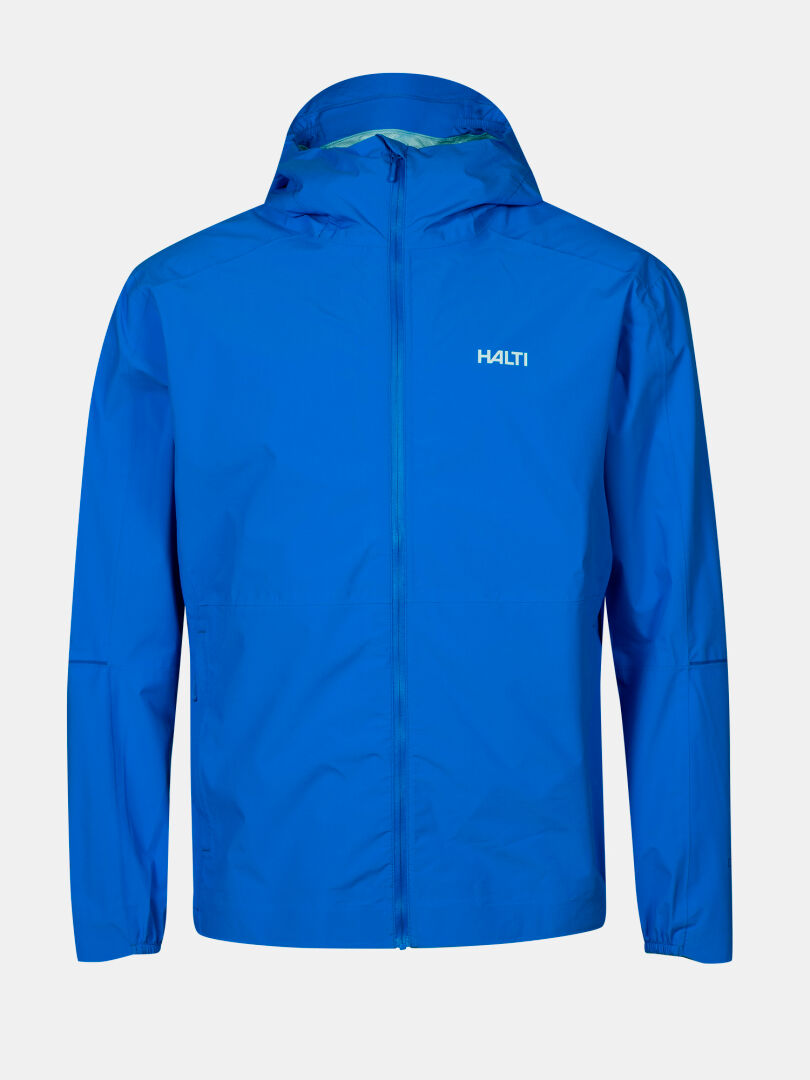 Die Halti Pisarat 2,5L DX Herren Regenjacke in Blau mit Frontreißverschluss und Logo auf der Brust vor neutralem Hintergrund.