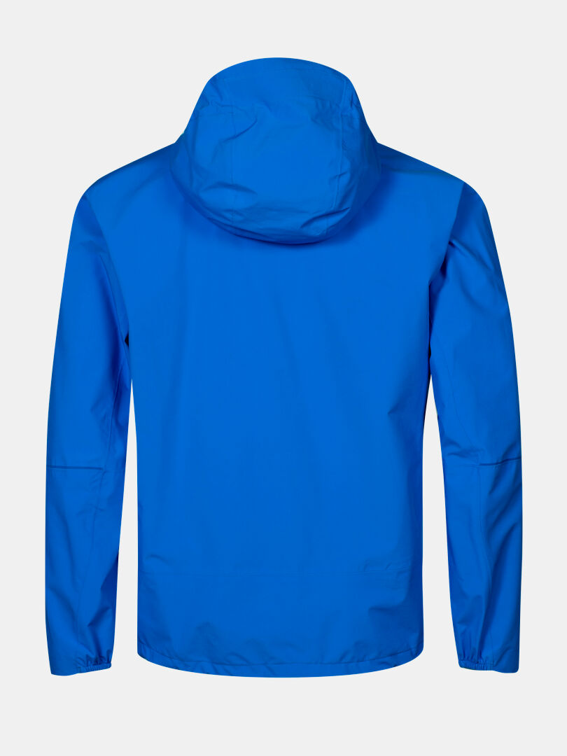 Die Halti Pisarat 2,5L DX Herren Regenjacke in hellblau, lange Ärmel, elastische Bündchen, von hinten gesehen.