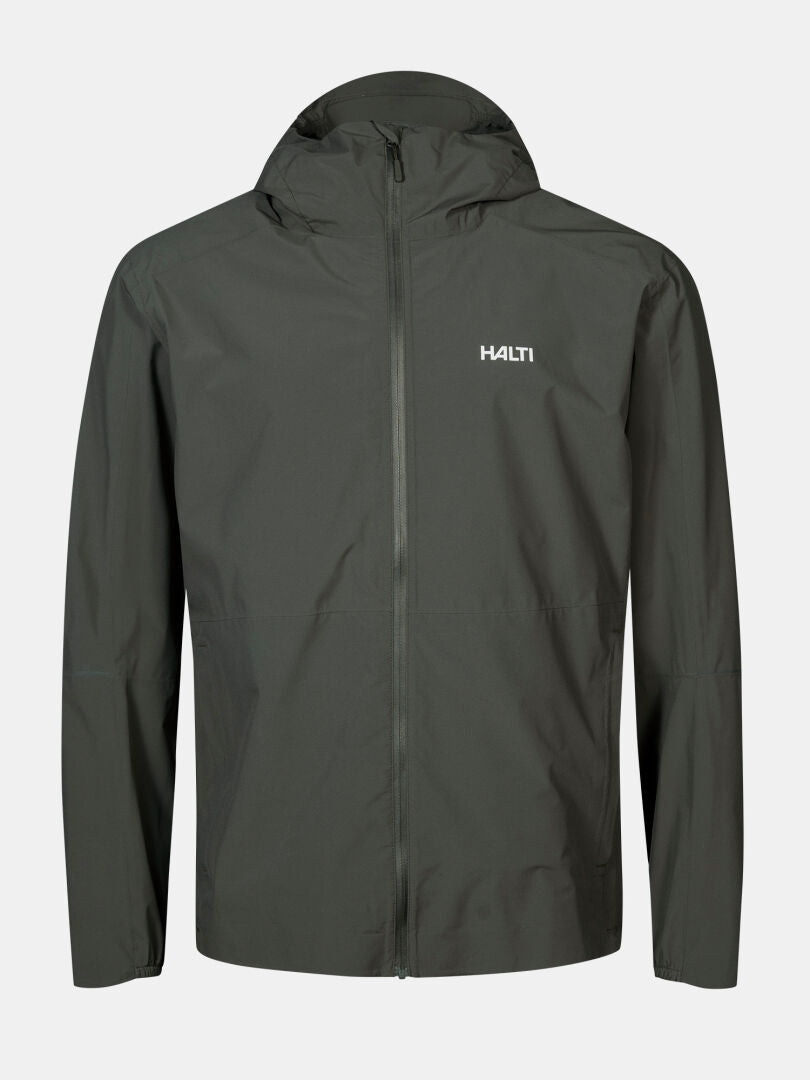 Halti Pisarat 2,5L DX Herren-Regenjacke in Dunkelgrün mit Kapuze, Frontreißverschluss und Logo auf der Brust.