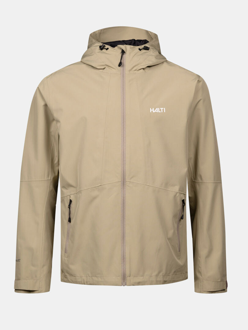 Die Halti Forter DX Warm Regenjacke Herren ist eine beige DrymaxX®-Outdoorjacke mit Kapuze, Reißverschlüssen und Brustlogo.