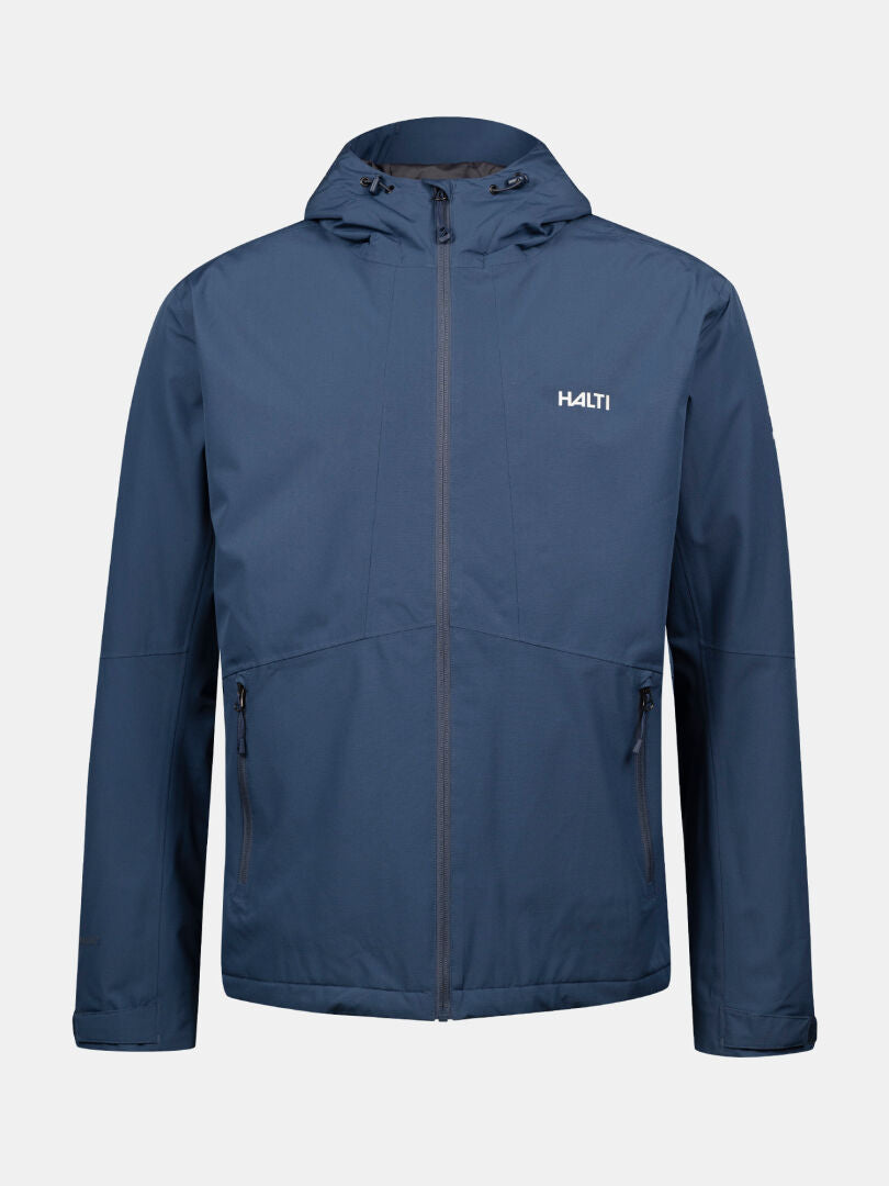 Die Halti Forter DX Warm Regenjacke Herren ist eine blaue Jacke mit Kapuze, Frontreißverschluss, Reißverschlusstaschen und Logo auf der linken Brust.