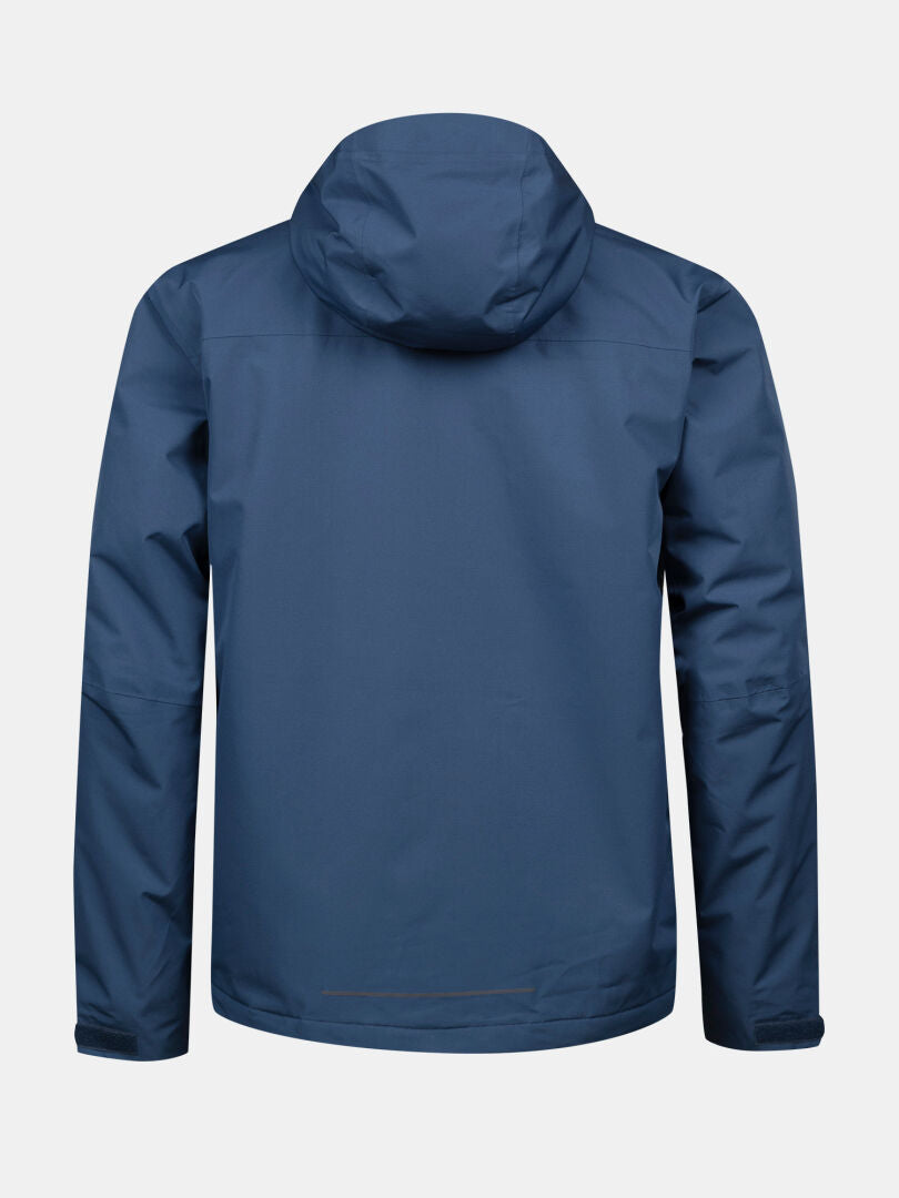 Eine Halti Forter DX Warm Regenjacke Herren in blau ist von hinten auf einem schlichten weißen Hintergrund abgebildet.