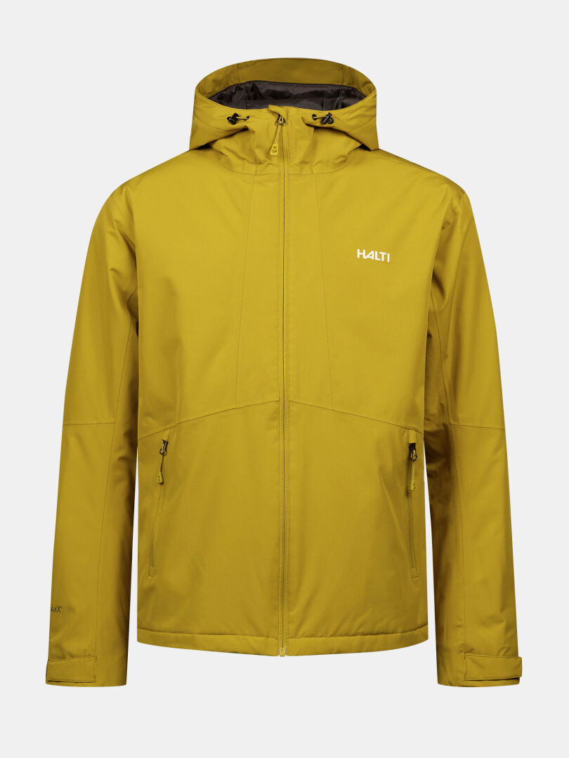 Eine gelbe Halti Forter DX Warm Regenjacke Herren mit Frontreißverschluss, zwei Reißverschlusstaschen und Logo auf der linken Brust.