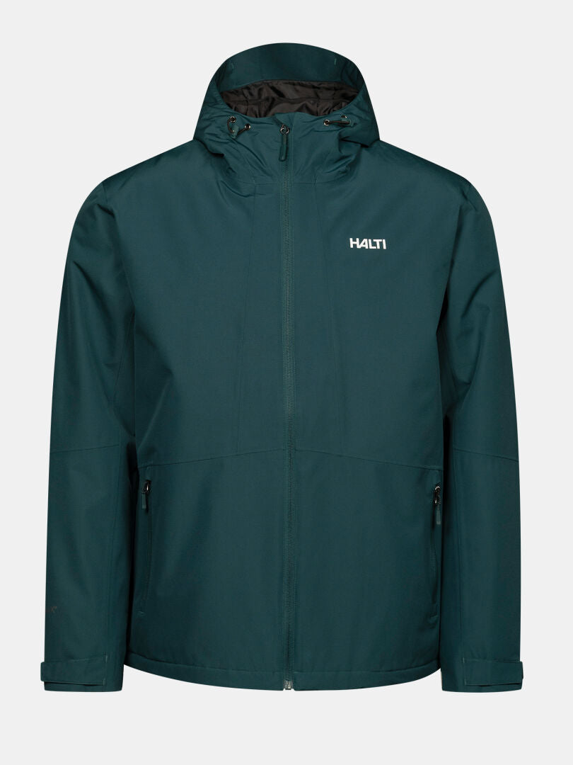 Dunkelgrüne Halti Forter DX Warm Regenjacke für Herren, Kapuze, Reißverschluss vorne, Wetterschutz, 2 Taschen, Logo auf der Brust.