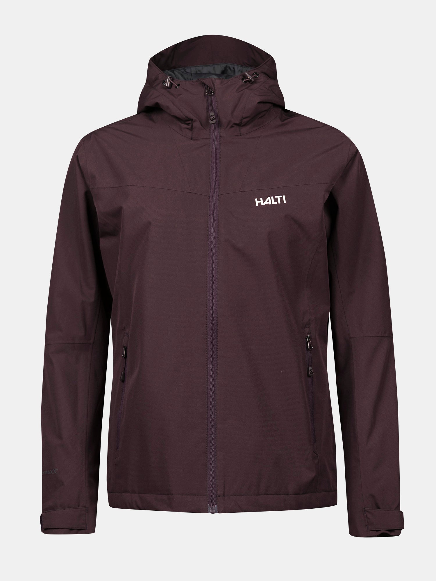 Die Halti Forter DX Regenjacke Plus Damen ist eine dunkelkastanienbraune, wasserdichte Shelljacke mit Frontreißverschluss und Brustlogo.