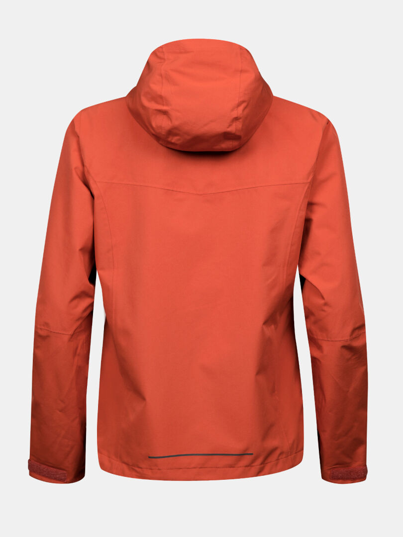 Rückenansicht der Halti Forter DX Regenjacke Plus Damen in orange, lange Ärmel, gerader Saum - perfekt für den Einsatz im Freien.