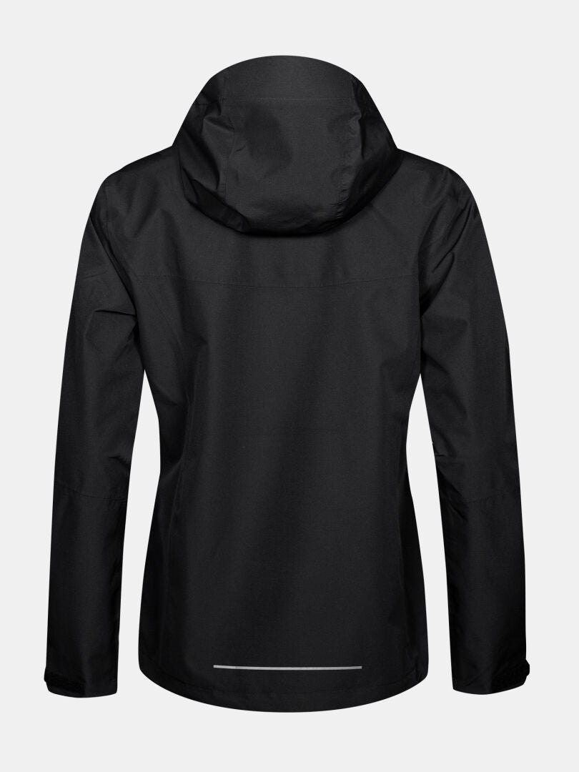 Halti Forter DX Regenjacke Damen Plus, wetterfest, mit Kapuze, von hinten auf grauem Hintergrund abgebildet.