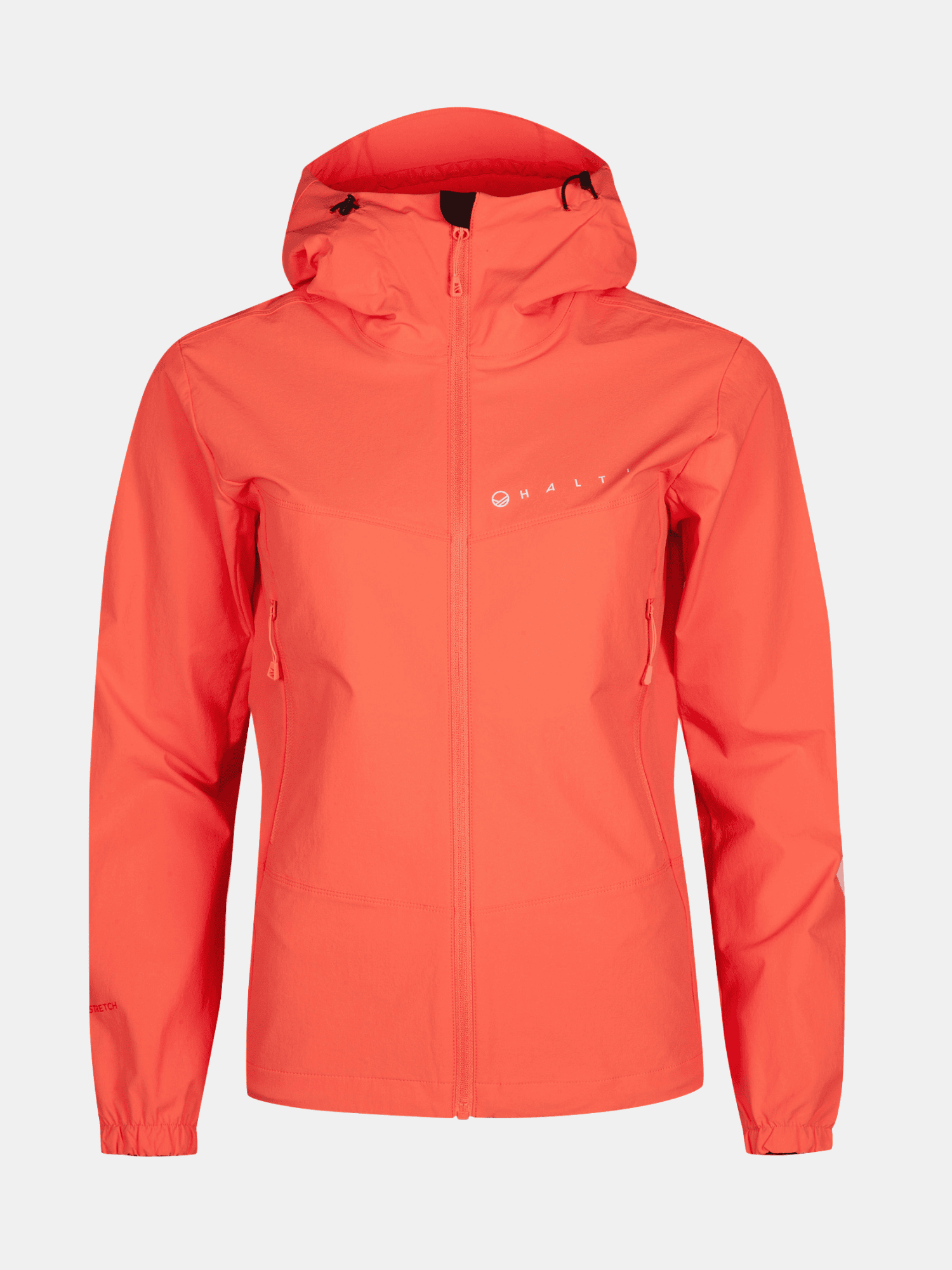 Die Halti Pallas Evo X-Stretch-Jacke Plus Damen ist leuchtend orange mit einem Frontreißverschluss, Logo und zwei Reißverschlusstaschen.