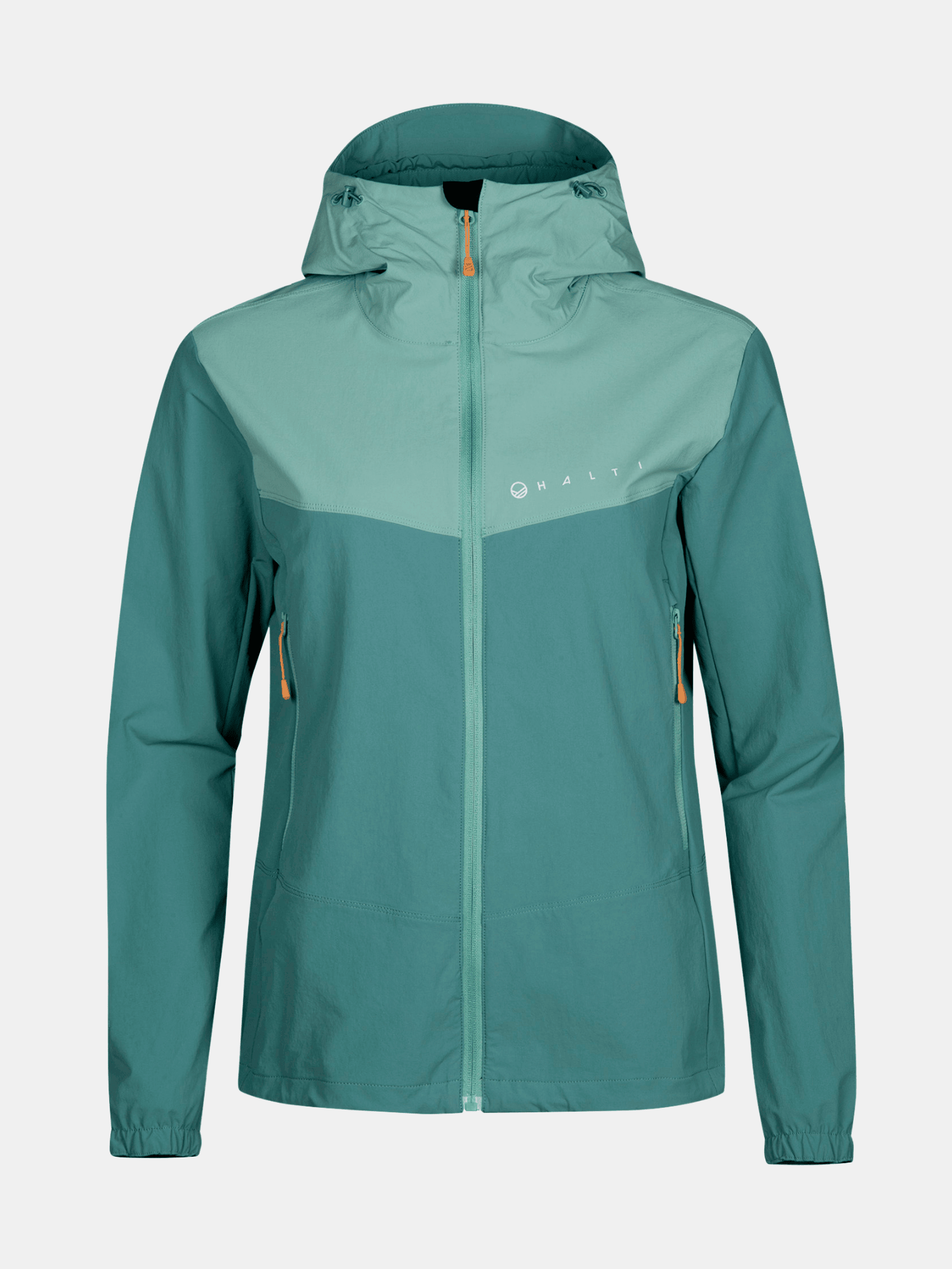 Halti Pallas Evo X-Stretch-Jacke Plus Damen in Blaugrün/Hellgrün mit Frontreißverschluss, Reißverschlusstaschen und Brustlogo.