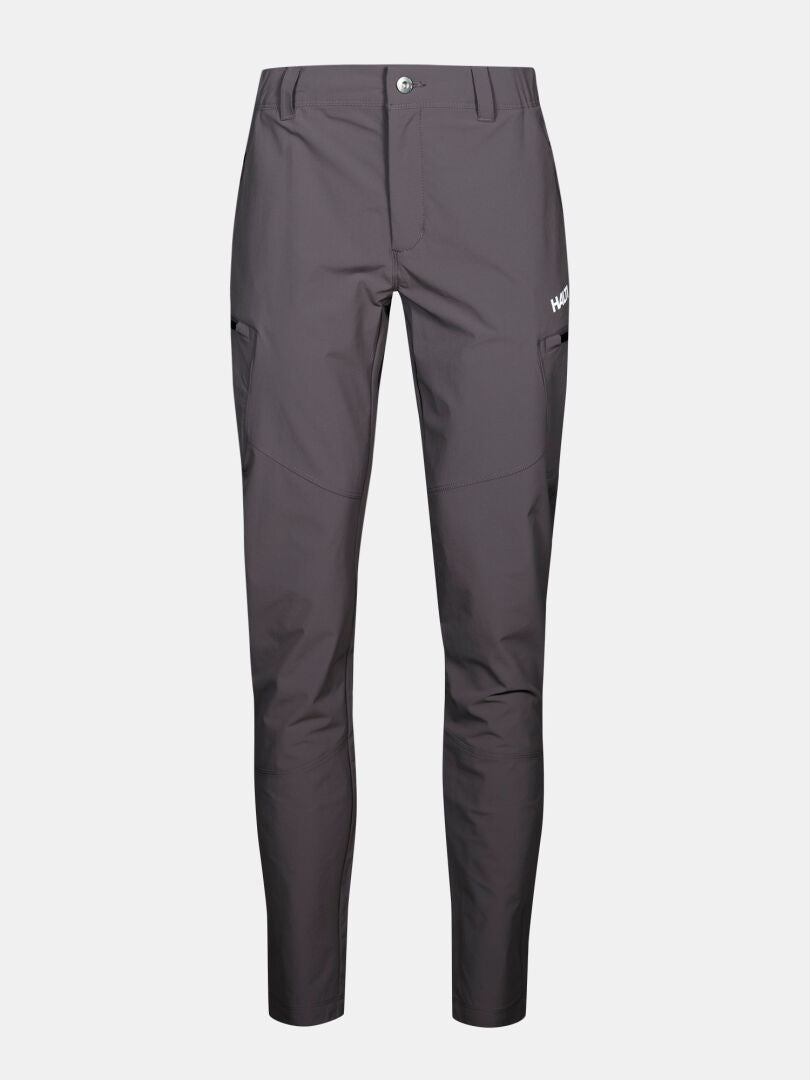 Halti Pallas Evo X-Stretch-Hosen Plus Damen, dunkelgrau, slim-fit mit Seitentaschen und Knopfverschluss auf weißem Grund.