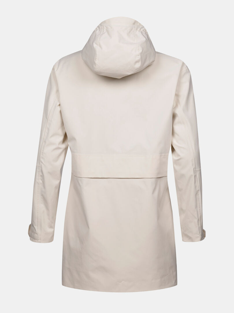 Rückansicht der Halti Kallas DX Parka Jacke Damen in Hellbeige mit Kapuze, Rückennaht und geradem Saum.