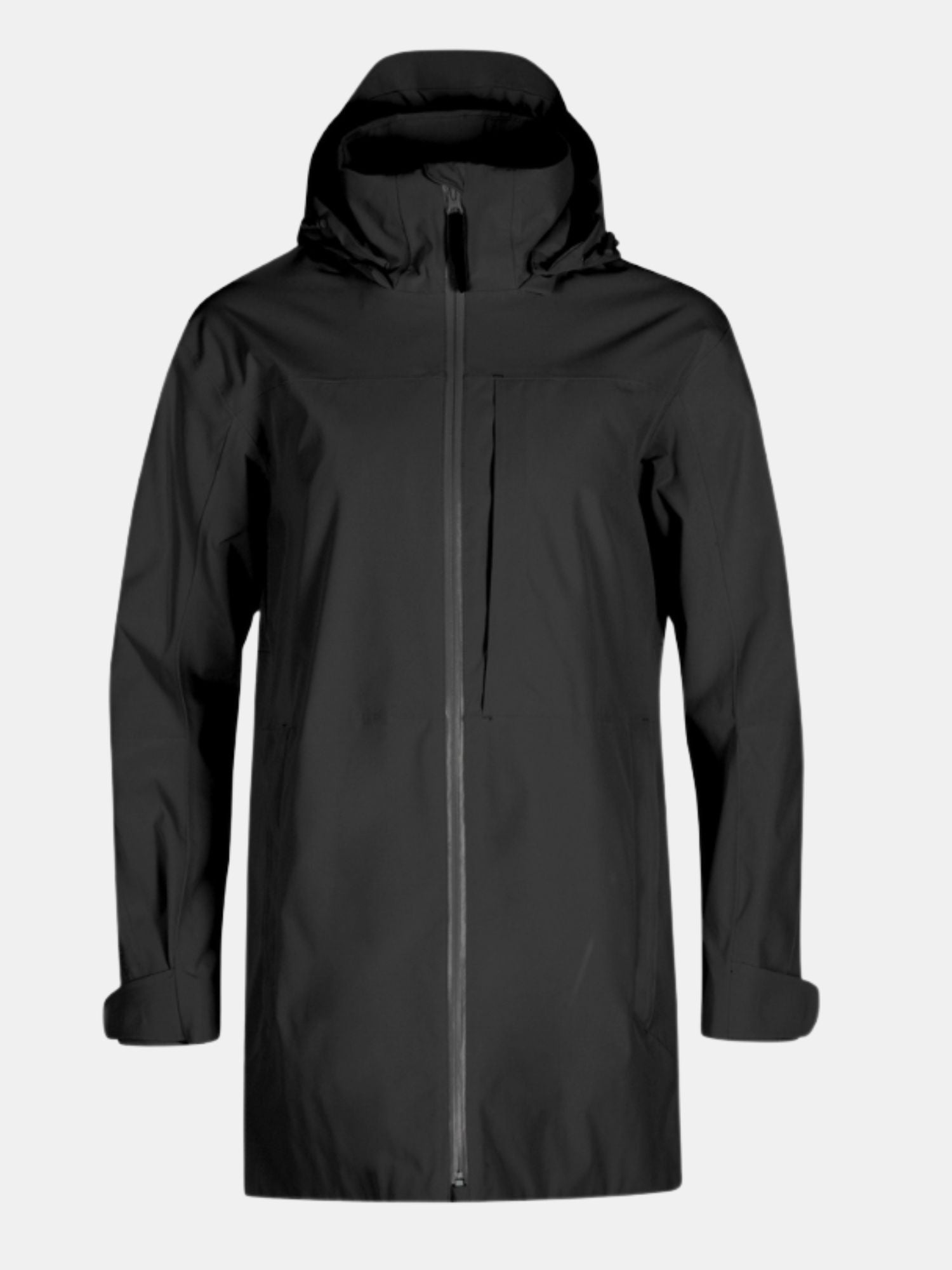 Die Halti Kallas DX Parka Jacke Damen in Schwarz mit Kapuze und durchgehendem Reißverschluss, abgebildet auf einem schlichten hellen Hintergrund.