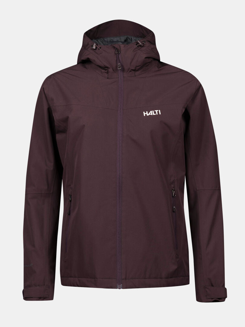 Halti Forter DX Warm Regenjacke Damen Plus: Kastanienbraun, Kapuze, Reißverschlusstaschen, HALTI-Logo links auf der Brust.