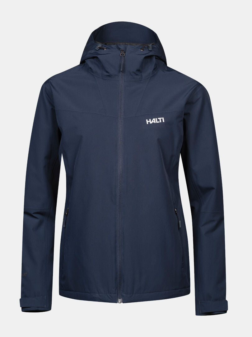 Marineblaue Halti Forter DX Warm Regenjacke für Damen Plus – Regenjacke mit Kapuze, durchgehendem Reißverschluss und verstellbaren Ärmelbündchen.