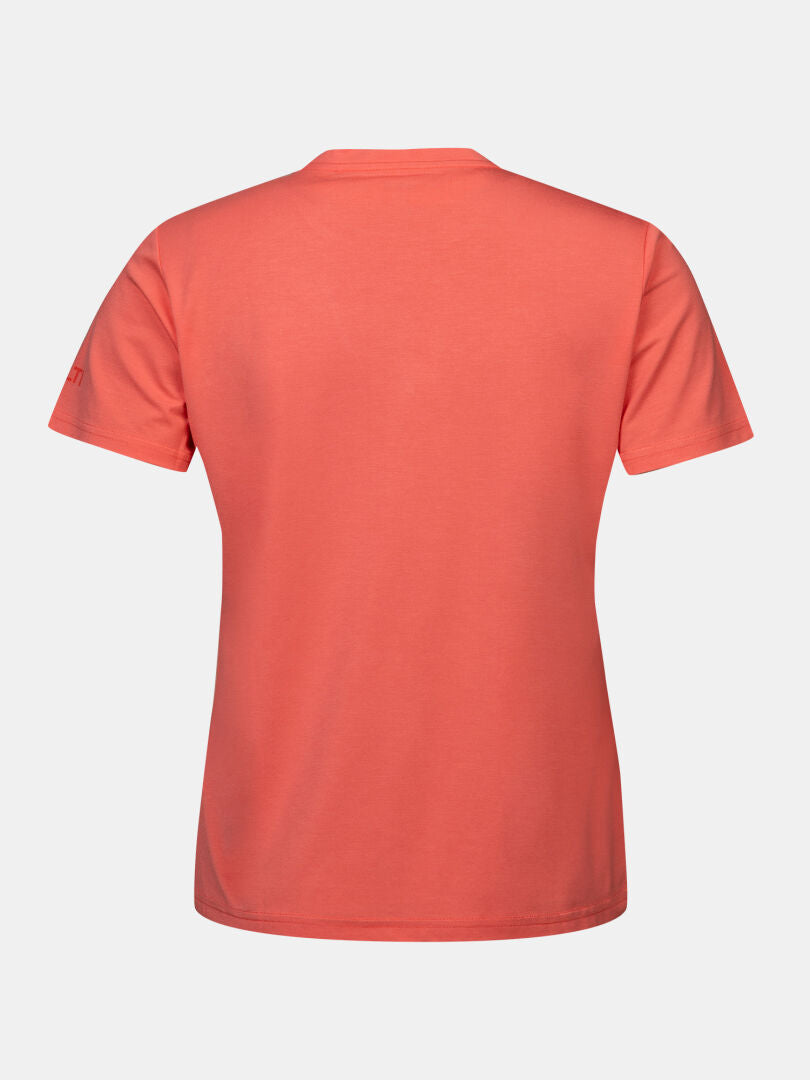 Rückenansicht des Halti Kalteva T-Shirt Damen, unifarben und kurzärmelig, aus nachhaltiger Holzfaser vor weißem Hintergrund.