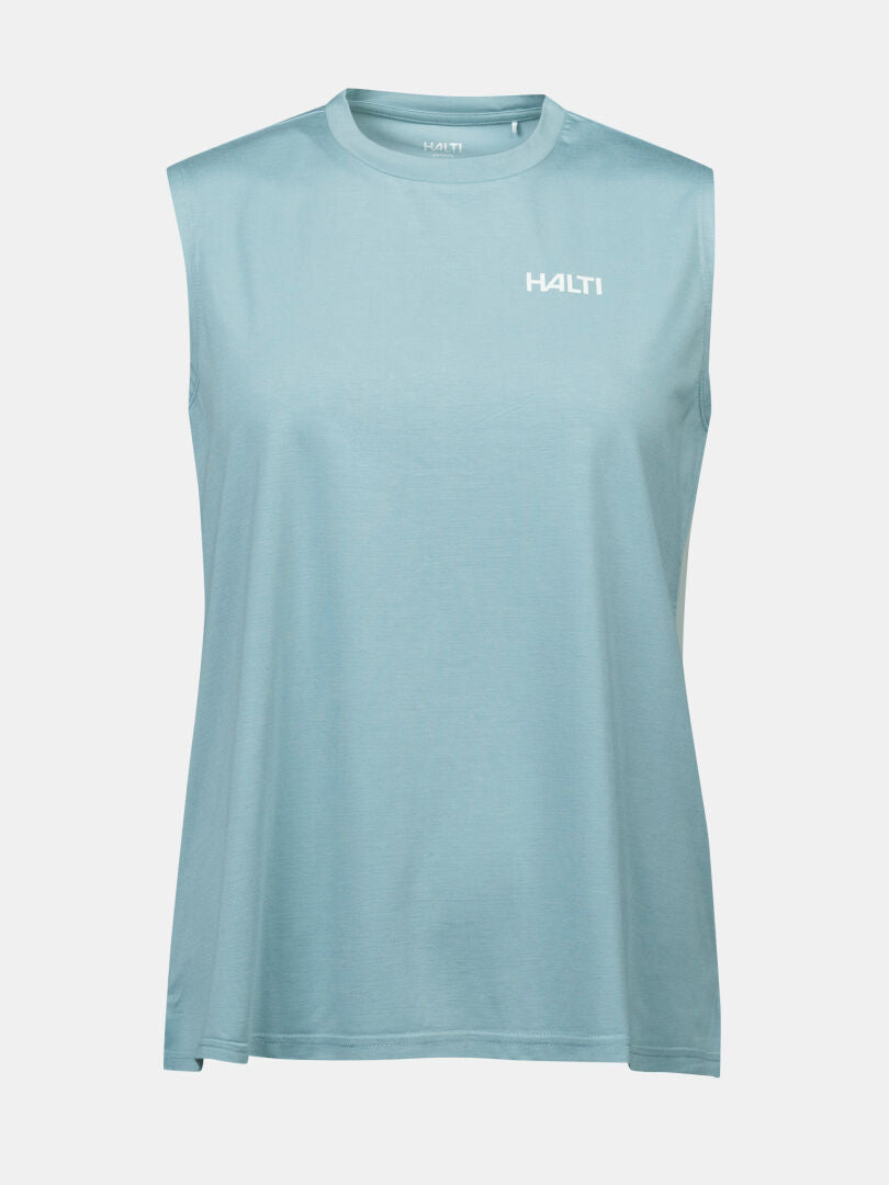 Halti Kalteva Top Damen: ärmellos, hellblau, nachhaltige Holzfaser, HALTI-Logo vorne - perfekt für Outdoor-Aktivitäten.