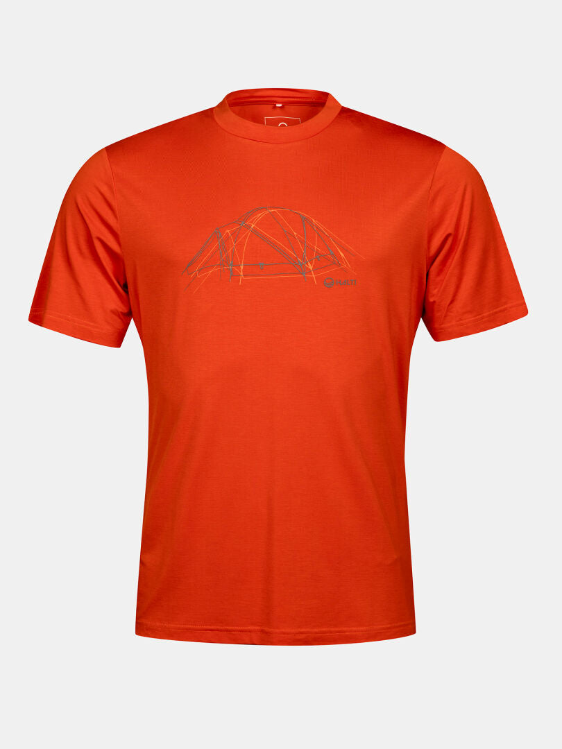 Das Halti Kalteva T-Shirt Herren ist orange mit einem dezenten geometrischen Liniendesign und einem kleinen Logo auf der Brust.