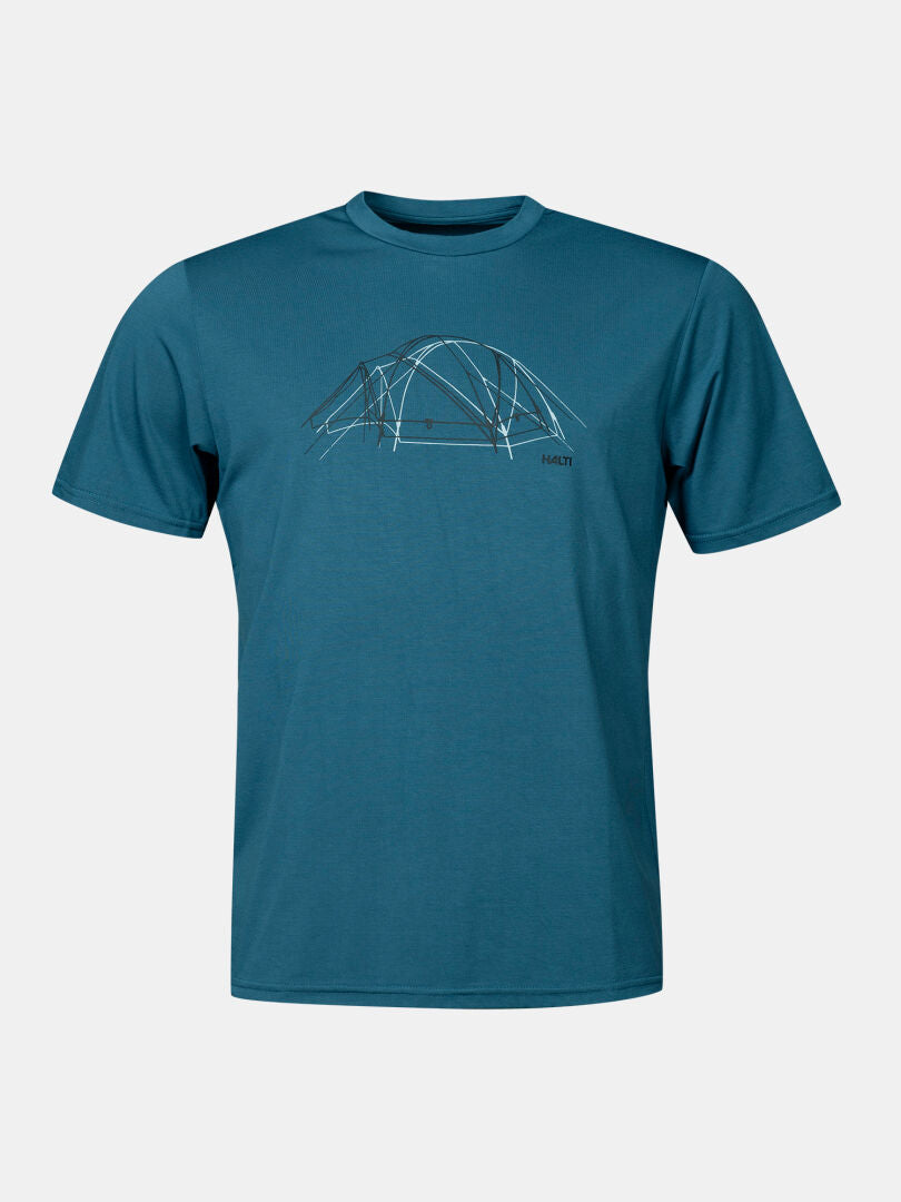 Halti Kalteva T-Shirt Herren in teal mit geometrischem Berg-Linienmuster, EcoCosy®-Stoff und kleinem Logo vorne.