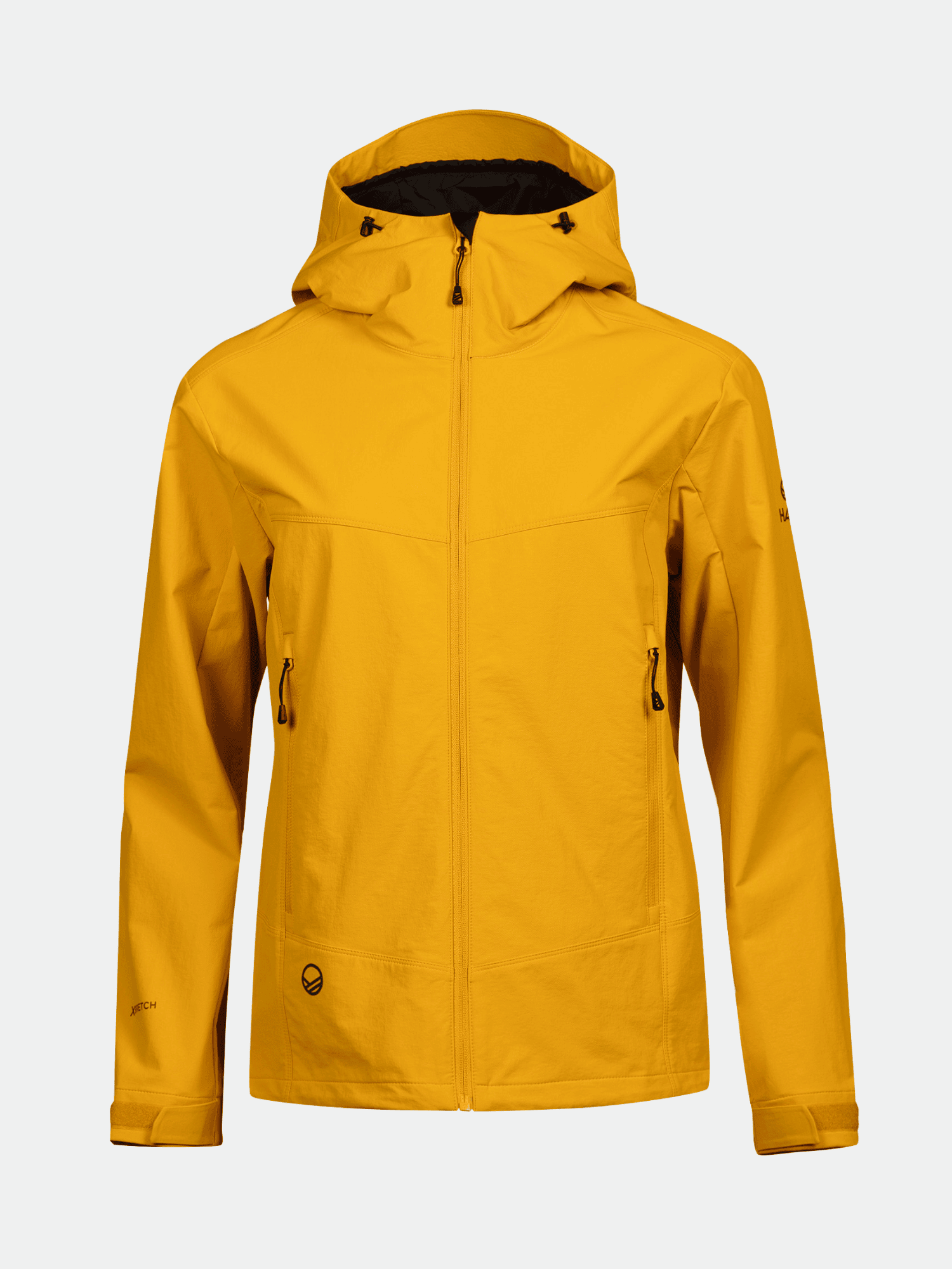 Eine gelbe Halti Pallas Evo Brushed X-stretch Damen Jacke, atmungsaktiv, mit Frontreißverschluss und zwei Reißverschlusstaschen.