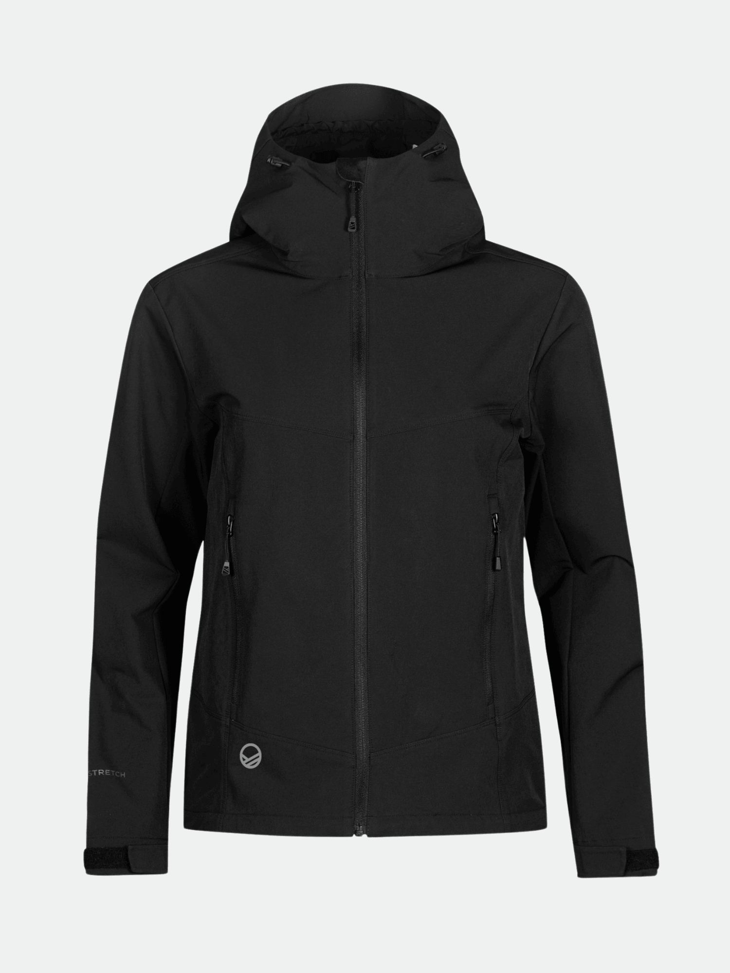 Eine schwarze Halti Pallas Evo Brushed X-stretch Damen Jacke, atmungsaktiv, mit Reißverschluss vorne, Seitentaschen und einem Logo.